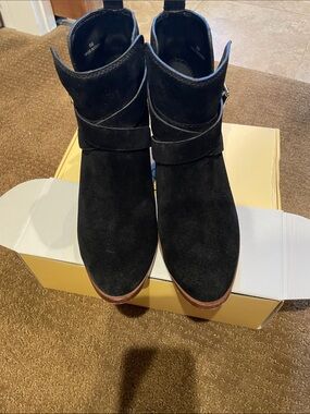 kate spade Black Suede Ankle Boots with Wrap Strap and bow back.